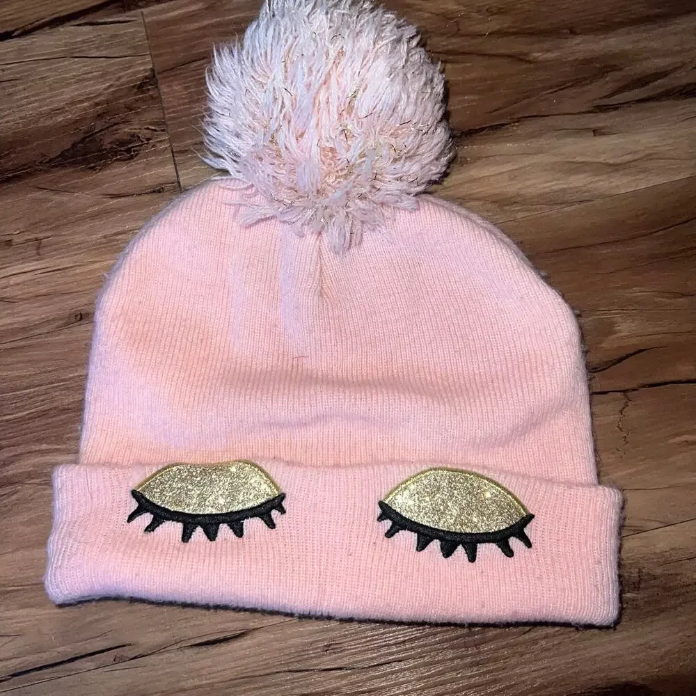 Girls Pink Pom-Pom Eyelash Beanie – One Size